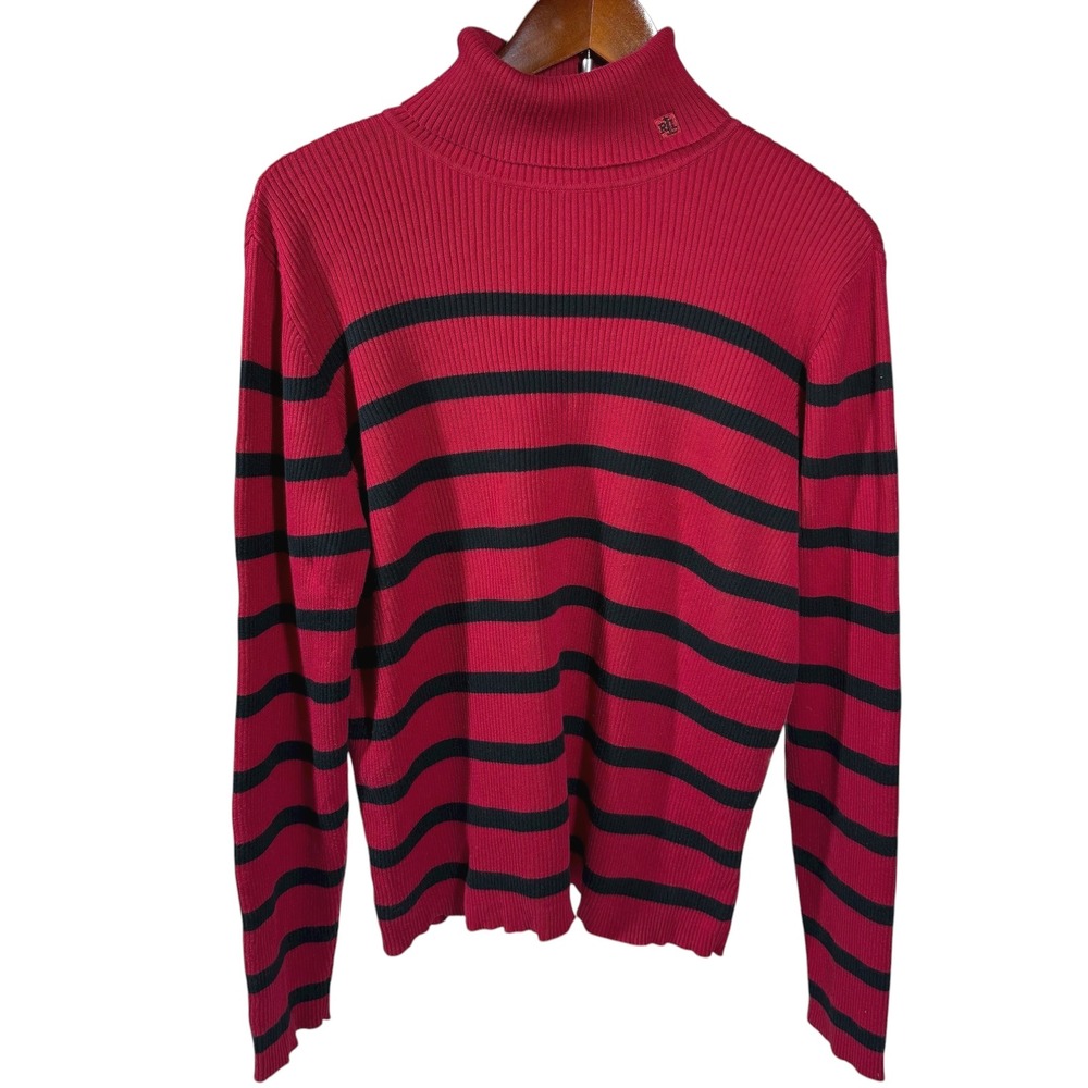 Lauren Ralph Lauren Sweater XL Fuchsia Black Stripe Ribbed Cotton Turtleneck